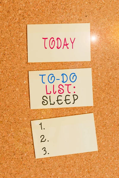 Text sign showing To Do List Sleep. Conceptual photo Things to be done Priority object is to take a rest Vertical empty sticker reminder memo square billboard corkboard desk paper. — ストック写真