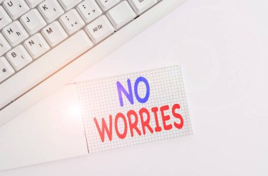 Handwriting text writing No Worries. Concept meaning an expression used to say that everything is all right White pc keyboard with empty note paper above white background.