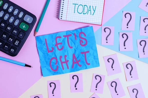 Handwriting text writing Let S Is Chat. Concept meaning inviting the demonstrating to have informal conversation with you Mathematics stuff and writing equipment above pastel colours background.