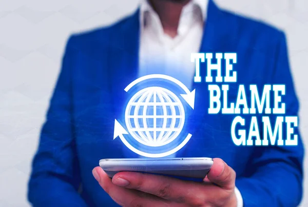Słowo pisanie tekstu The Blame Game. Koncepcja biznesowa sytuacji, gdy pokazujemy próbę obwiniania się nawzajem. — Zdjęcie stockowe