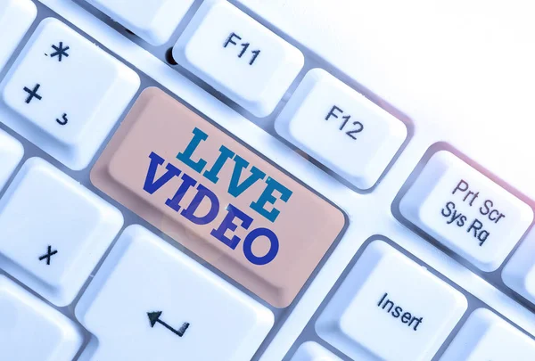 Handwriting text writing Live Video. Concept meaning broadcast a live video or streamingfeed to an online audience White pc keyboard with empty note paper above white background key copy space.