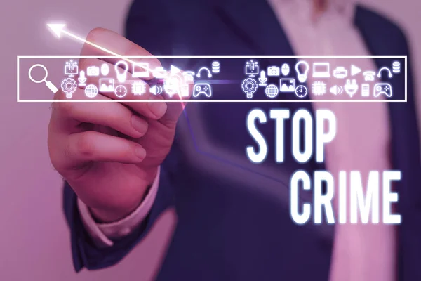 Segno di testo che mostra Stop Crime. Foto concettuale lo sforzo o il tentativo di ridurre e scoraggiare il crimine e i criminali . — Foto Stock