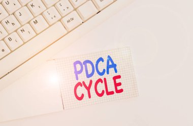 Handwriting text writing Pdca Cycle. Concept meaning use to control and continue improve the processes and products White pc keyboard with empty note paper above white background.