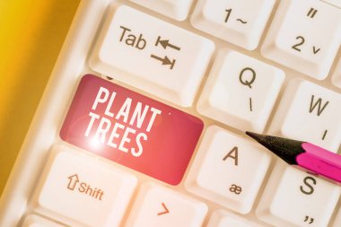 Kelime yazma metni Bitki Ağaçları. Arazi ekimi ve ormancılık için bir ağaç dikme süreci için iş konsepti beyaz arkaplan anahtar alanının üzerinde boş not kağıdı olan beyaz pc klavye.