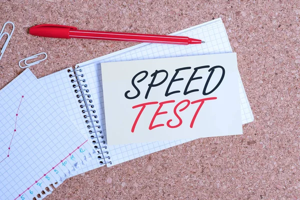 Handwriting text Speed Test. Concept meaning psychological test for the maximum speed of performing a task Desk notebook paper office cardboard paperboard study supplies table chart. — Stock Photo, Image
