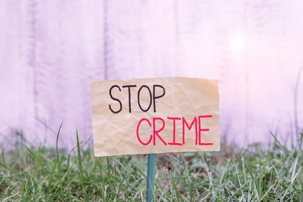 Handwriting text writing Stop Crime. Concept meaning the effort or attempt to reduce and deter crime and criminals Plain empty paper attached to a stick and placed in the green grassy land. — Stock Photo, Image