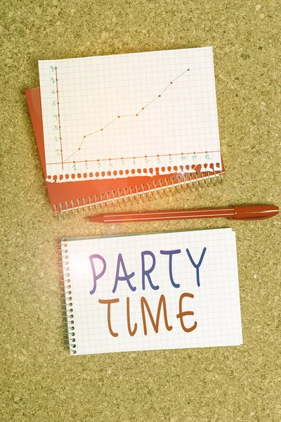 Word writing text Party Time. Business concept for the right moment to celebrate and have fun in social event Desk notebook paper office cardboard paperboard study supplies table chart. — Stock Photo, Image
