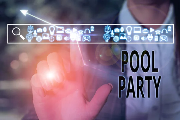 Conceptuele handschrift toont Pool Party. Zakelijke foto tekst viering die activiteiten in een zwembad omvat. — Stockfoto