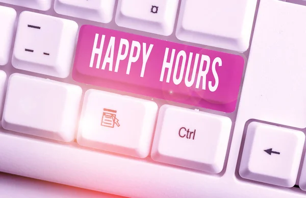 Writing note showing Happy Hours. Business photo showcasing when drinks are sold at reduced prices in a bar or restaurant White pc keyboard with note paper above the white background.