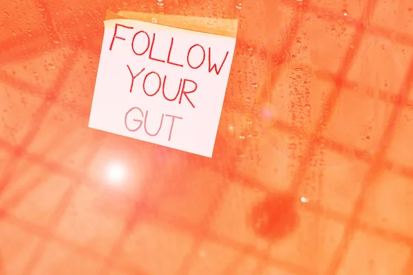 Schrijfbriefje met Follow Your Gut erop. Zakelijke foto showcasing Luister naar intuïtie gevoelens bewuste perceptie Vierkant papier stuk notatie vasthouden aan getextureerd glas venster. — Stockfoto