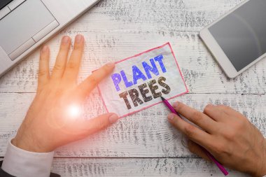 Kelime yazma metni Bitki Ağaçları. Arazi ekimi ve ormancılık için ağaç dikme süreci için iş konsepti Yazma ekipmanı ve modern akıllı telefon aygıtı yanında not kağıdı tutun.