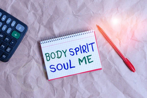 Word writing text Body Spirit Soul Me. Business concept for Personal Balance Therapy Conciousness state of mind Papercraft craft paper desk square spiral notebook office study supplies. — Stock Photo, Image