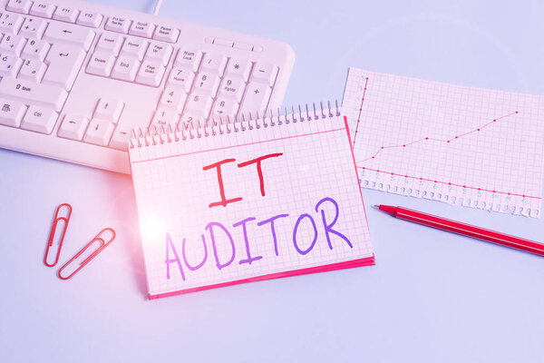 Conceptual hand writing showing It Auditor. Business photo showcasing demonstrating authorized to review and verify the accuracy of the system Paper blue keyboard office study notebook chart numbers m