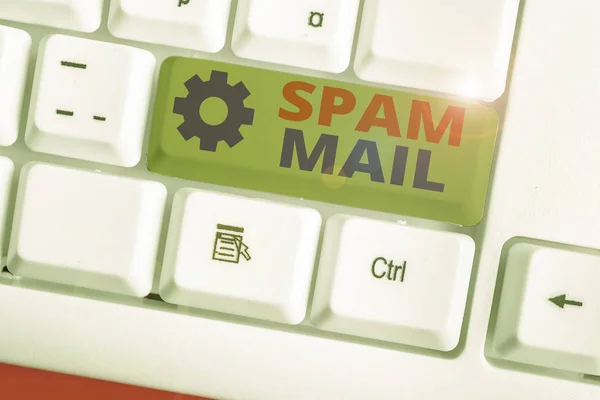 Nota de escritura que muestra Spam Mail. Muestra de fotos de negocios Publicidad intrusiva Mensajes inapropiados enviados en Internet . — Foto de Stock