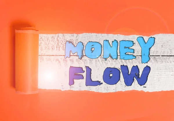 Szövegírás Money Flow. Üzleti koncepció a pénz összegének növelésére vagy csökkentésére egy üzleti karton, amely középen egy klasszikus fa asztal fölé kerül. — Stock Fotó