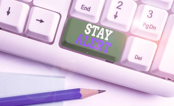 Text sign showing Stay Alert. Conceptual photo Paying full attention to things around Quick to see or understand White pc keyboard with empty note paper above white background key copy space. — Stok fotoğraf