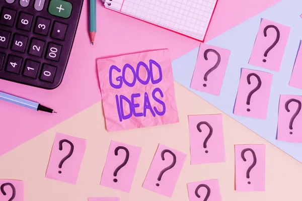 Handwriting text Good Ideas. Concept meaning nice formulated thought or opinion Best possible course of action Mathematics stuff and writing equipment above pastel colours background. — Stock Photo, Image