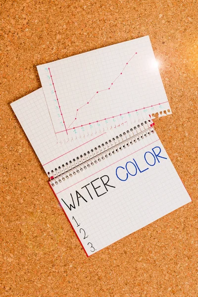 Vízszínt mutató szöveges jel. Fogalmi fotó vízoldható kötőanyag, mint például a gumi arab és vékonyított víz íróasztal notebook papír iroda karton tanulmány kellékek táblázat táblázat. — Stock Fotó