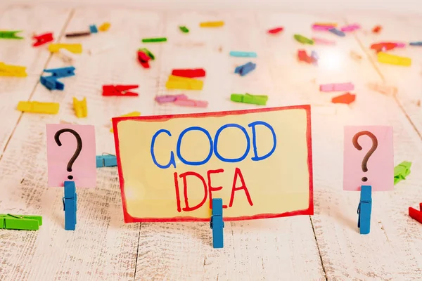 Word writing text Good Idea. Business concept for an excellent suggestion and plan for achieving something Scribbled and crumbling sheet with paper clips placed on the wooden table. — Stock Photo, Image