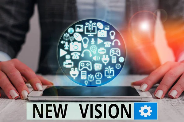 Sinal de texto mostrando Nova Visão. Foto conceitual vendo alguns desenvolvimentos futuros Esperançoso sobre o futuro . — Fotografia de Stock