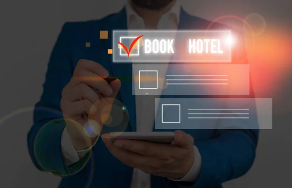 Handschrift Textschreiben Buch Hotel. Konzept bedeutet, dass Sie ein Hotelzimmer oder eine Unterkunft vereinbaren. — Stockfoto