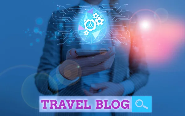 Az utazási blogot mutató szöveges jel. Fogalmi fotó Gondolatok és tapasztalatok megosztása a világ minden tájáról. — Stock Fotó