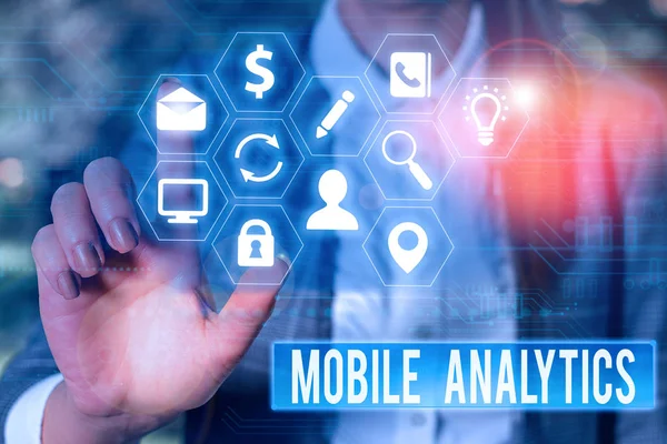 Conceptual hand writing showing Mobile Analytics. Business photo showcasing studies the behavior of mobile website visitors and users.