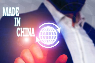 Kavramsal el Made In China gösterilen yazma. İş fotoğraf metin toptan sanayi pazarı Global ticaret Asya Ticaret.