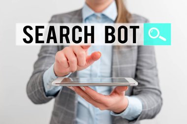 Kelime yazma metni arama robotu. İnternet ya da ağ üzerinden otomatik görevler yürüten bir program için iş kavramı cep telefonu ve iş kadınlarıyla iş dünyası kavramı.
