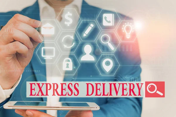 Signo de texto que muestra Express Delivery. Fotografía conceptual que agiliza la distribución de bienes y servicios . — Foto de Stock