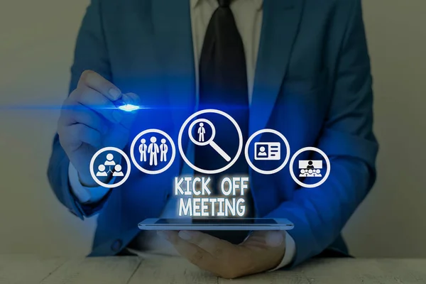 Writing note showing Kick Off Meeting. Business photo showcasing getting fired from your team private talking about company.