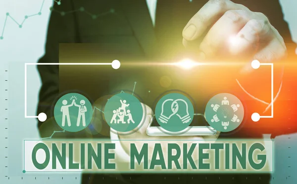 Online marketinget mutató szöveges jel. Koncepcionális fotó termékek és szolgáltatások interneten keresztül történő népszerűsítése. — Stock Fotó