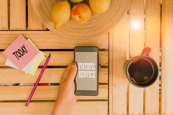 Writing note showing Statistic Service. Business photo showcasing economic statistics which detail international trade woman with laptop smartphone and office supplies technology.