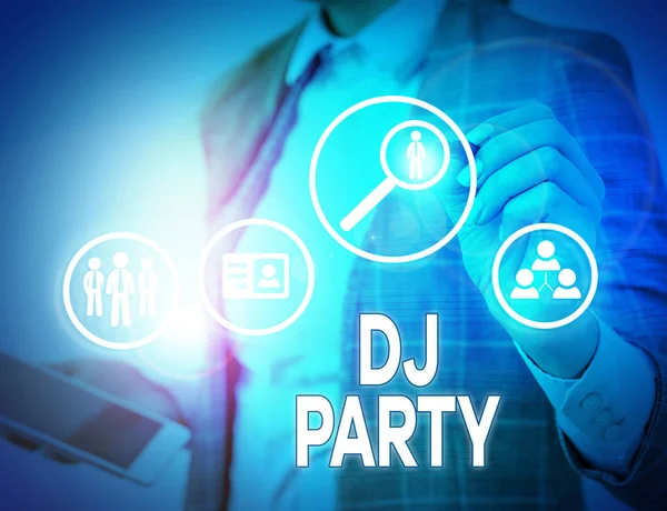 Conceptual hand writing showing Dj Party. Business photo text demonstrating who introduces and plays recorded popular music on radio. — Stock Photo, Image