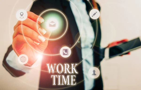 Signo de texto que muestra Tiempo de Trabajo. Período de fotos conceptual comienza cuando los trabajadores temporales se dedican a un lugar de trabajo . —  Fotos de Stock
