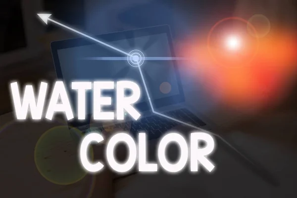Γραπτό σημείωμα που δείχνει το χρώμα του νερού. Επαγγελματική φωτογραφία που δείχνει υδατοδιαλυτό συνδετικό υλικό όπως αραβικό κόμμι και αραιωμένο με νερό. — Φωτογραφία Αρχείου