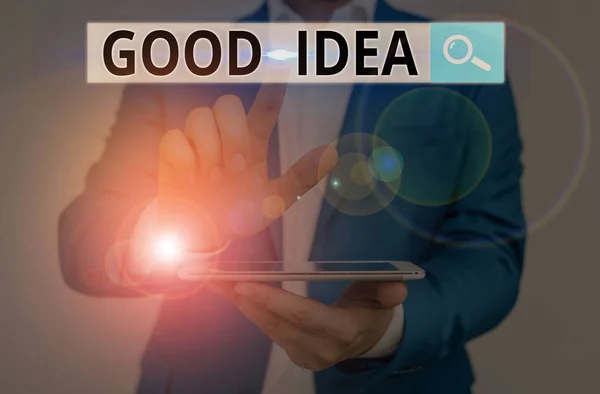 Conceptual hand writing showing Good Idea. Business photo showcasing an excellent suggestion and plan for achieving something. — Stock Photo, Image