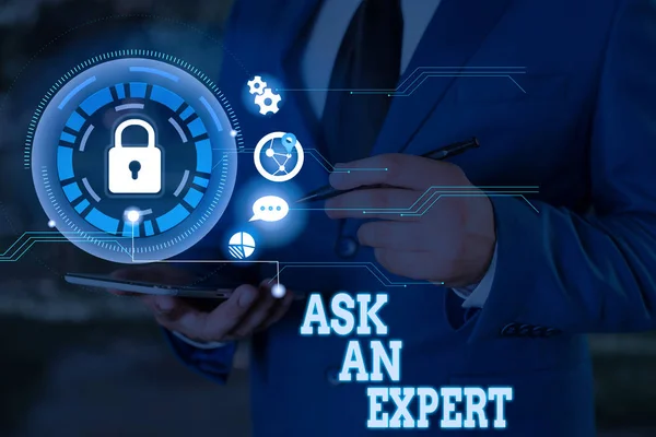 Writing note showing Ask An Expert. Business photo showcasing Superior Reliable Ace Virtuoso Curapp storeity Authority Geek. — Stock Photo, Image