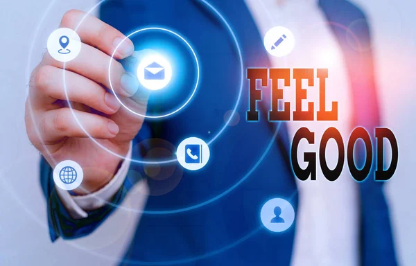 Πινακίδα που δείχνει το Feel Good. Εννοιολογική φωτογραφία που σχετίζεται ή προωθεί μια συχνά παραπλανητική αίσθηση ικανοποίησης. — Φωτογραφία Αρχείου