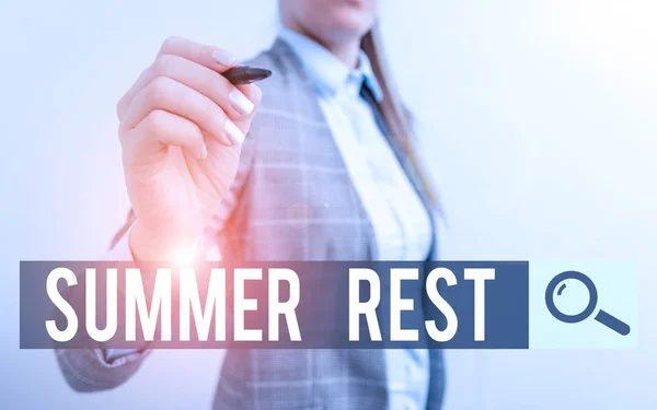 Handwriting text writing Summer Rest. Concept meaning taking holiday break or unwind from work or school during summer Business woman pointing in empty space with pen. — Stok fotoğraf