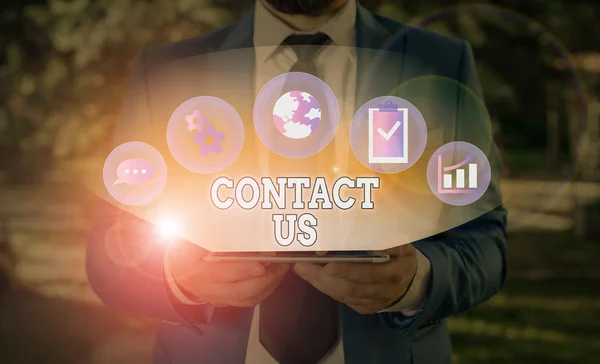 Text schreiben kontaktieren Sie uns. Business-Konzept für Begriff, der verwendet wird, um die Zusammenarbeit mit dem Unternehmen oder die Demonstration zu beschreiben. — Stockfoto