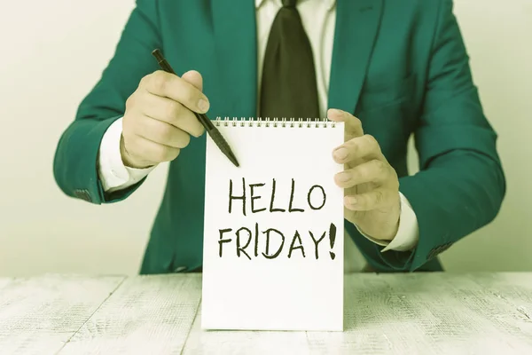 Handwriting text Hello Friday. Concept meaning you say this for wishing and hoping another good lovely week Man holds empty paper with copy space in front of him Copy Space. — Stock Photo, Image