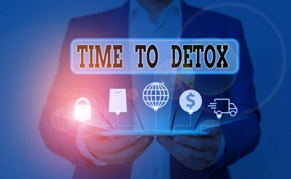 Texto de escrita de palavras Time To Detox. Conceito de negócio para Momento para Dieta Nutrição de saúde Tratamento de dependência limpar . — Fotografia de Stock