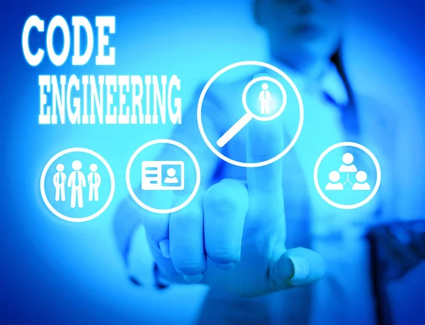 Ordskrivning text Kod Engineering. Affärsidé för tillämpning av ingenjörskonst på utveckling av programvara. — Stockfoto