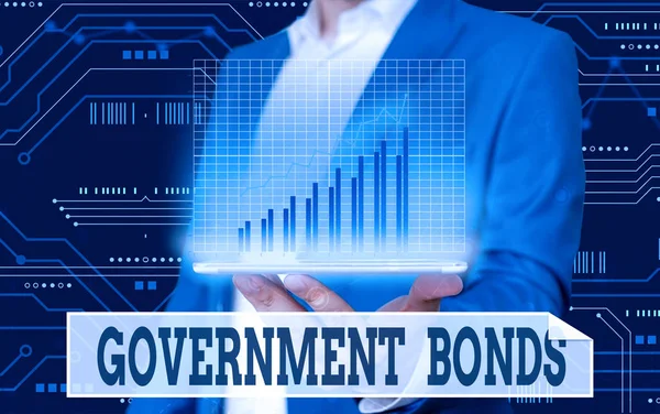 Konzeptionelle Handschrift, die Staatsanleihen zeigt. Business-Foto zeigt Schuldverschreibungen, die von einer Regierung ausgegeben wurden, um Ausgaben zu unterstützen. — Stockfoto