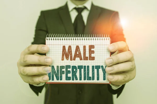 Writing note showing Male Infertility. Business photo showcasing the inability to cause pregnancy in a fertile Male human wear formal work suit with office look hold book.