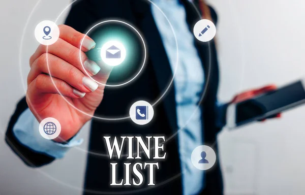 Signo de texto que muestra Wine List. Menú de fotos conceptuales de selecciones de vino para comprar típicamente en un restaurante . — Foto de Stock