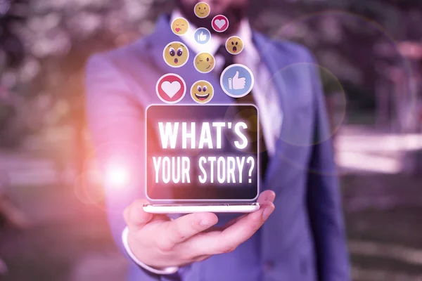 Manuscrito texto escrito What S Is Your Story pergunta. Conceito que significa ser perguntado por alguém sobre minha própria jornada . — Fotografia de Stock