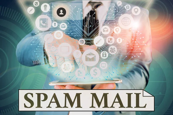 Handschrift tekst schrijven Spam Mail. Concept betekent opdringerige reclame Ongepaste berichten verzonden op het internet. — Stockfoto