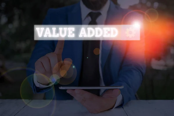 Text sign showing Value Added. Conceptual photo the extra value created over and above the original value. — Stock Photo, Image